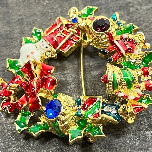 Christopher Radko Signed Christmas Wreath Pin Brooch / Pendant Gold Toned - Picture 7 of 10